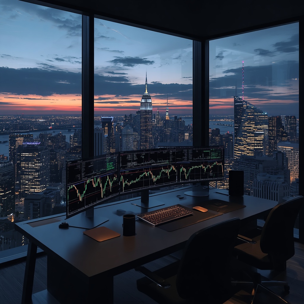 A sleek modern investment workspace overlooking a glowing global metropolis at dusk with screens visualizing charts